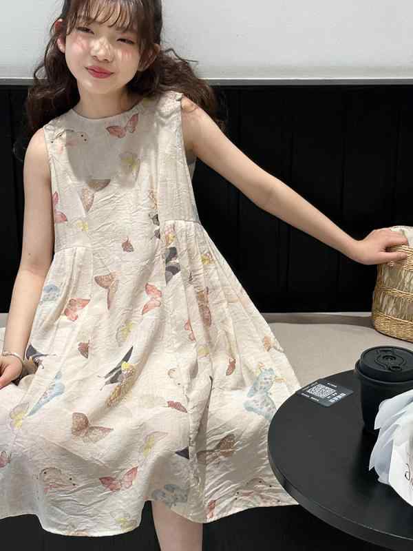 乐天商城 - 女の子 ワンピース 夏 背心裙 無袖 綿混紡 涼しい 柔らかい 杏 かわいい 子供服 韓国風 潮ファッション 休闲 花柄 蝶柄 軽量 伸縮性 日常使い 公園遊び 通園 ピクニック 大人っぽい シンプル 涼感 吸湿 速乾 通気性