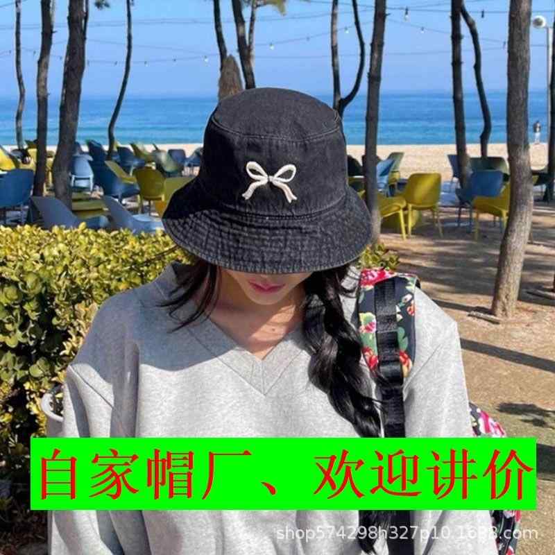 漁夫帽 メンズ レディース 秋冬 春 バケットハット 牛仔 蝶結び リボン ボウタイ ネクタイ コットン混紡 綿混紡 デニム素材 かわいい 甘め 韓国風 韓系 クリーンスタイル フレッシュ 防風 保暖 遮陽 防紫外線 調整可能 調節ロープ 頭囲対応 56