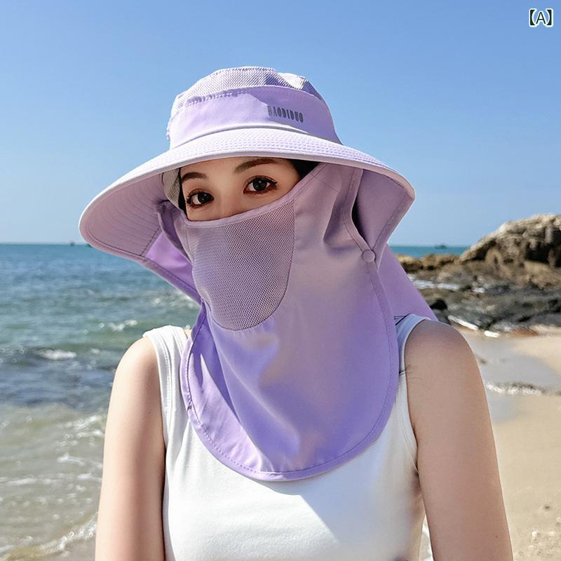 帽子 女性用 春夏 防晒 漁夫帽 大檐 ショール 顔隠し ポニーテール穴 遮陽 透気 紫 卡其 黒 涼感 軽量 涤纶 屋外 通勤 休闲 運動 OL 百搭 欧米風 チック
