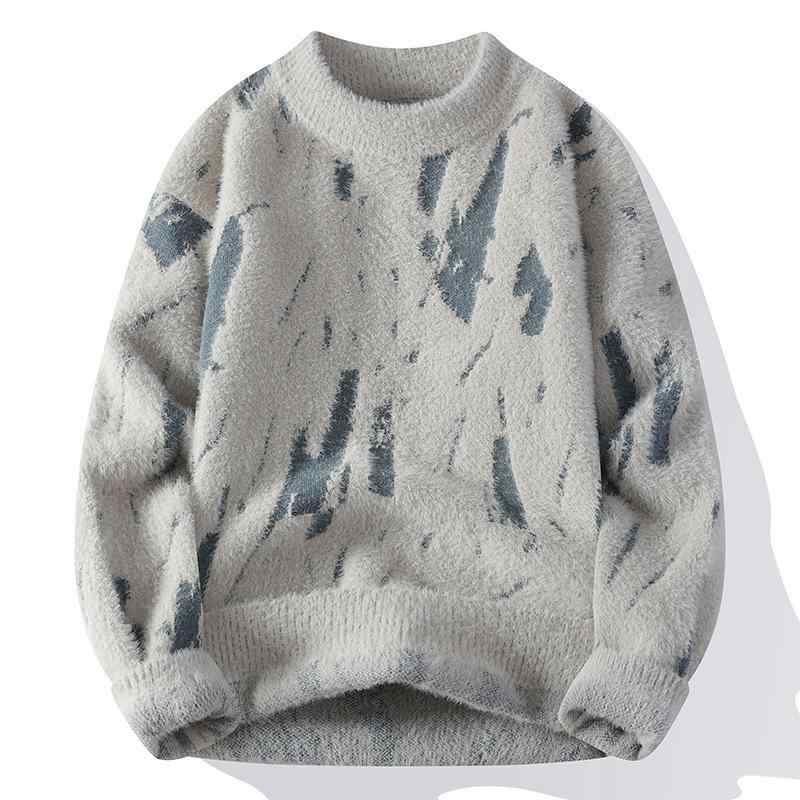 Knit Sweater - ニット メンズ ミンクタッチ セーター プルオーバー カットソー 長袖 トップス 防寒 秋冬 白 グレー 黒