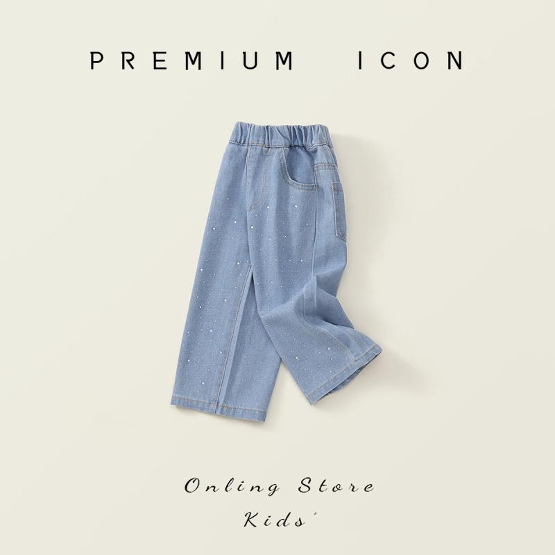 子供服 デニムパンツ 女の子 夏 韓国風 ウォッシュ加工 柔らかい ワイドレッグパンツ コットン混紡 中..