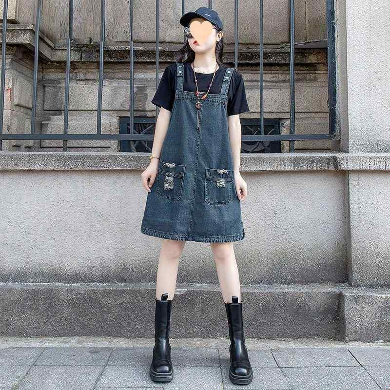 ワンピース レディース デニム 背当て ミドル丈 ブラック ブルー ゆったり カジュアル スタイル