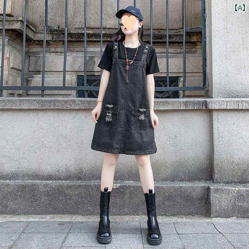 ワンピース レディース デニム 背当て ミドル丈 ブラック ブルー ゆったり カジュアル スタイル