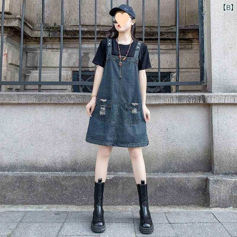 ワンピース レディース デニム 背当て ミドル丈 ブラック ブルー ゆったり カジュアル スタイル