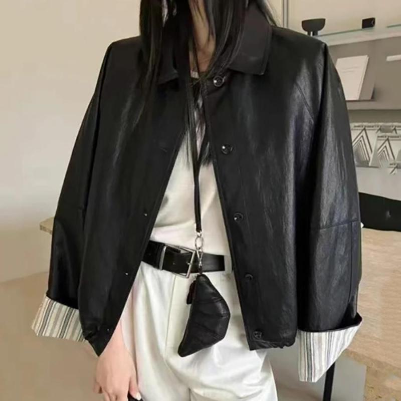 ジャケット レディース 韓国風 カジュアル ショート丈 PUレザー フェイクレザー ブルゾン ジャンパー アウター トップス 長袖 襟付き ブラック(4)