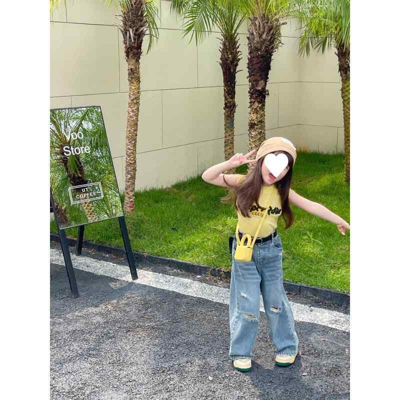 子供服 デニムパンツ 女の子 春秋 ダメージ加工 ストレートパンツ ハイウエスト ワイドレッグパンツ 3..