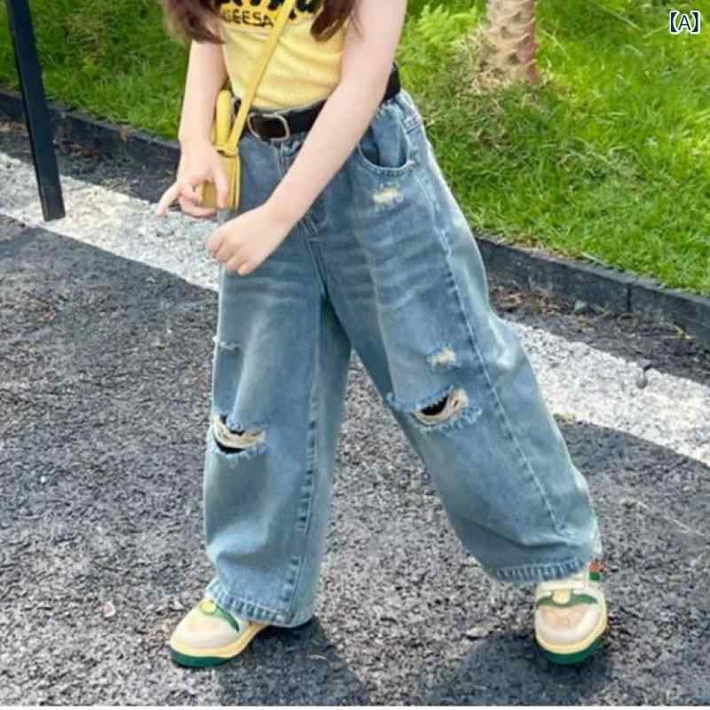 子供服 デニムパンツ 女の子 春秋 ダメージ加工 ストレートパンツ ハイウエスト ワ...