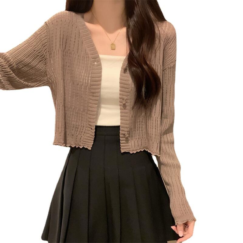 カーディガン レディース 接触冷感 ニット 薄手 ショート丈 トップス 春秋 羽織り オフィス おしゃれ かわいい レトロ 配色 切り替え 文芸風 杏色 ブルー ブラック(4.0)