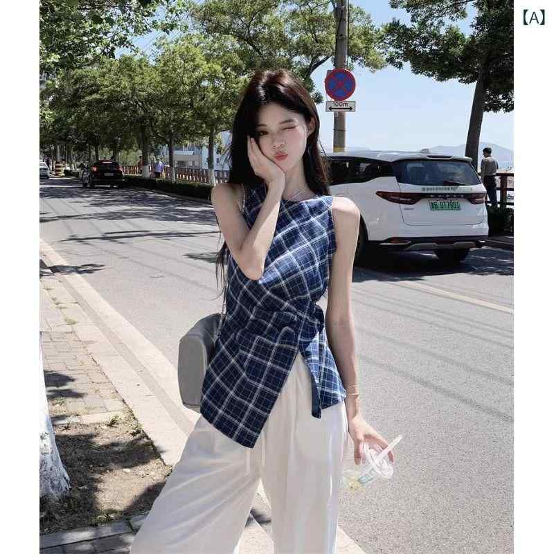 {"result": "女性 無袖 シャツ フレンチ ヴィンテージ ブルー チェック 柄 丸首 背中 開き デザイン スリムフィット トップス 通勤 気質 スタイル ポリエステル 素材 夏 無袖 上衣 セットアップ なし 単品 気質 通勤 風 セットアッ