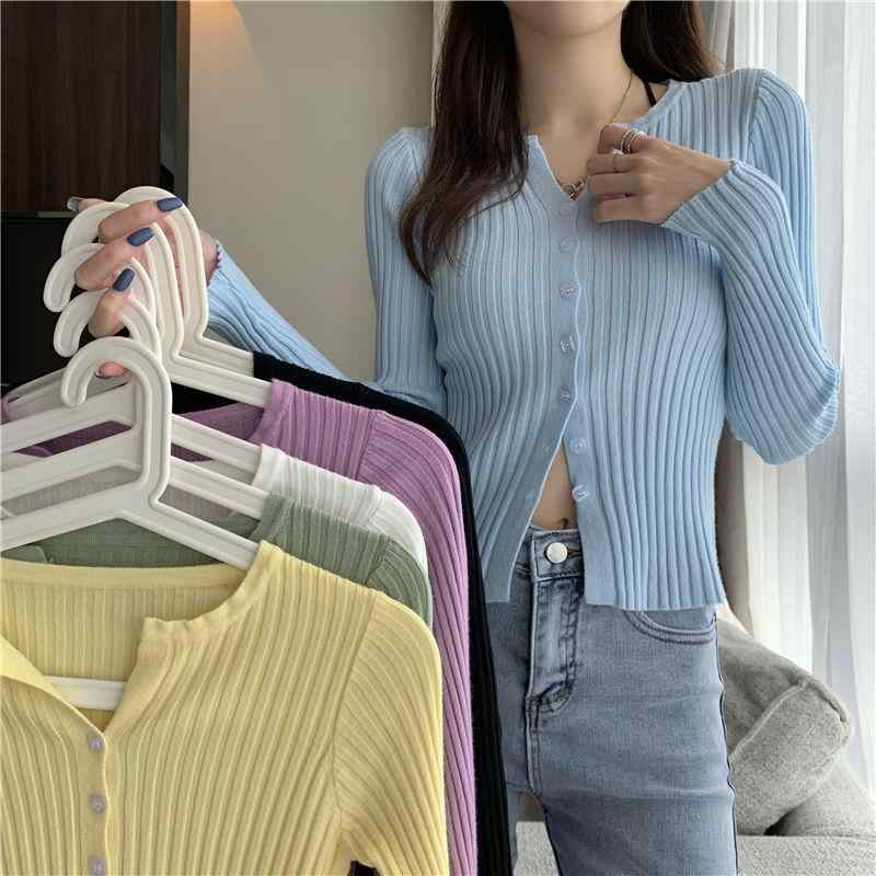 ニット レディース カーディガン 長袖 Vネック 薄手 ショート丈 トップス 羽織り 秋 春 秋冬 オフィス カジュアル きれいめ 韓国風 ブラック系 ホワイト系 ブルー系