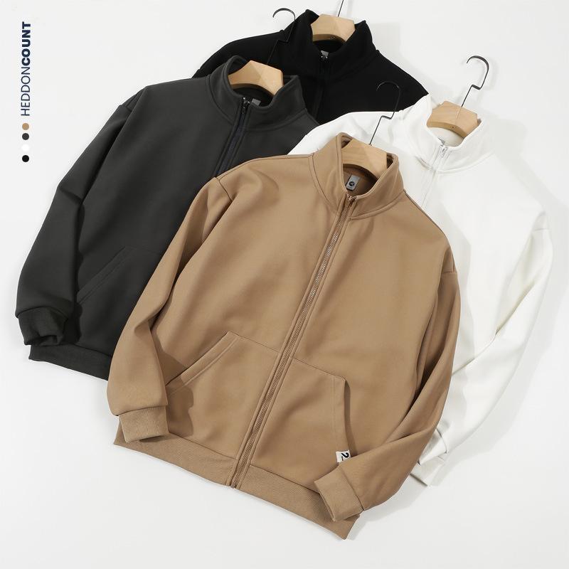 スウェット メンズ 裏起毛 立襟 ジップアップ カーディガン ライトアウター 秋冬 ポリエステル 混紡 400g 厚手 暖か 無地 トップス スポーティー カジュアル スタイル アウトドア 深灰 黒 カーキ 白