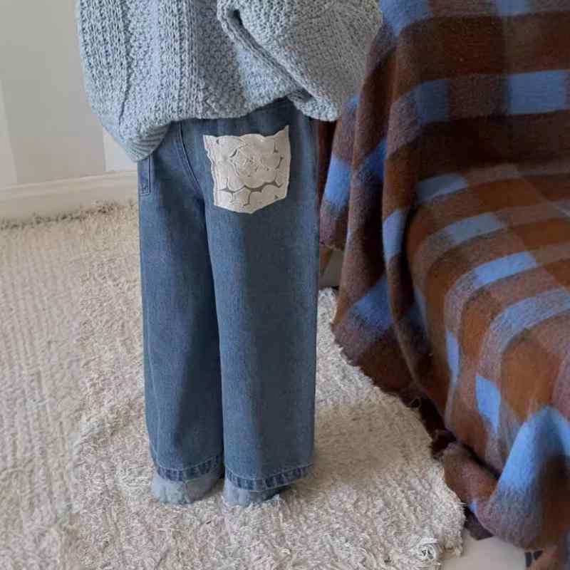 子供用ジーンズ ガールズ レース デニム ロングパンツ カジュアル ストレートパンツ 中小キッズ 春秋 B..