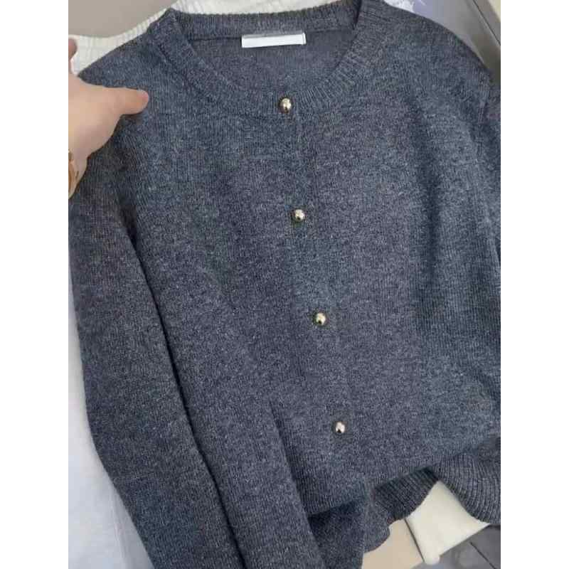 カーディガン レディース 春秋 ウール100% ニット ゆったり グレー ニット アウター ショート丈 ラウンドネック 長袖 トップス プルオーバー 私服名媛風