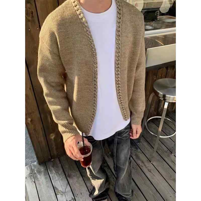 Knit Sweater - ニット メンズ カーディガン Vネック 厚手 秋冬 リブ編み コットンブレンド ゆったり ブラック カーキ色 カジュアル