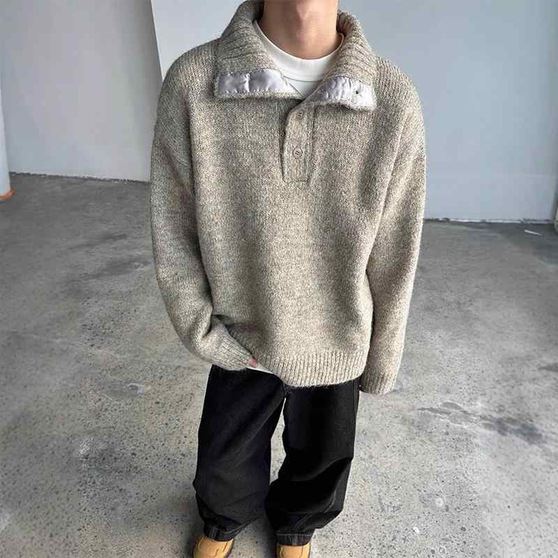Knit Sweater - ニット メンズ タートルネック セーター 秋冬 厚手 韓国風 ゆったり カジュアル トップス 長袖 プルオーバー 黒 白 カーキ グレー ポリエステル