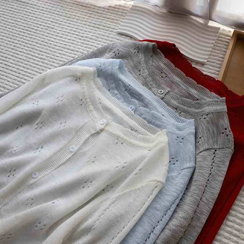 カーディガン レディース 春夏 韓国風 丸首 穴あき 薄手 ニットカーディガン トップス 長袖 ポリエステル ナイロン 白色 グレー レッド ブルー