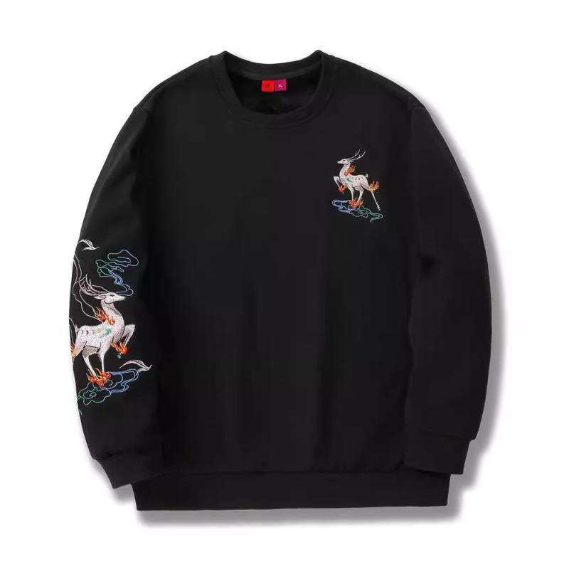 スウェット メンズ 男性用 トレーナー 九色鹿 刺繡 秋冬物 ラウンドネック 丸首 コットン 綿 100% 中国風 ブラック 黒 M L XL XXL XXXL