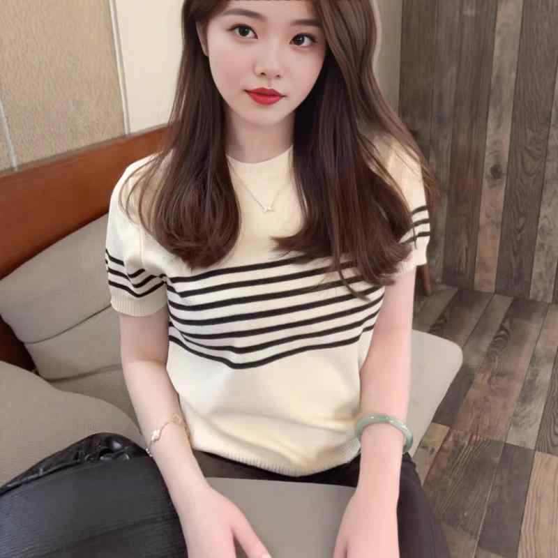 ニット レディース トップス サマーニット スリムフィット ラウンドネック 接触冷感 ボーダー柄 ブラック ホワイト グレー ベージュ系 通勤スタイル