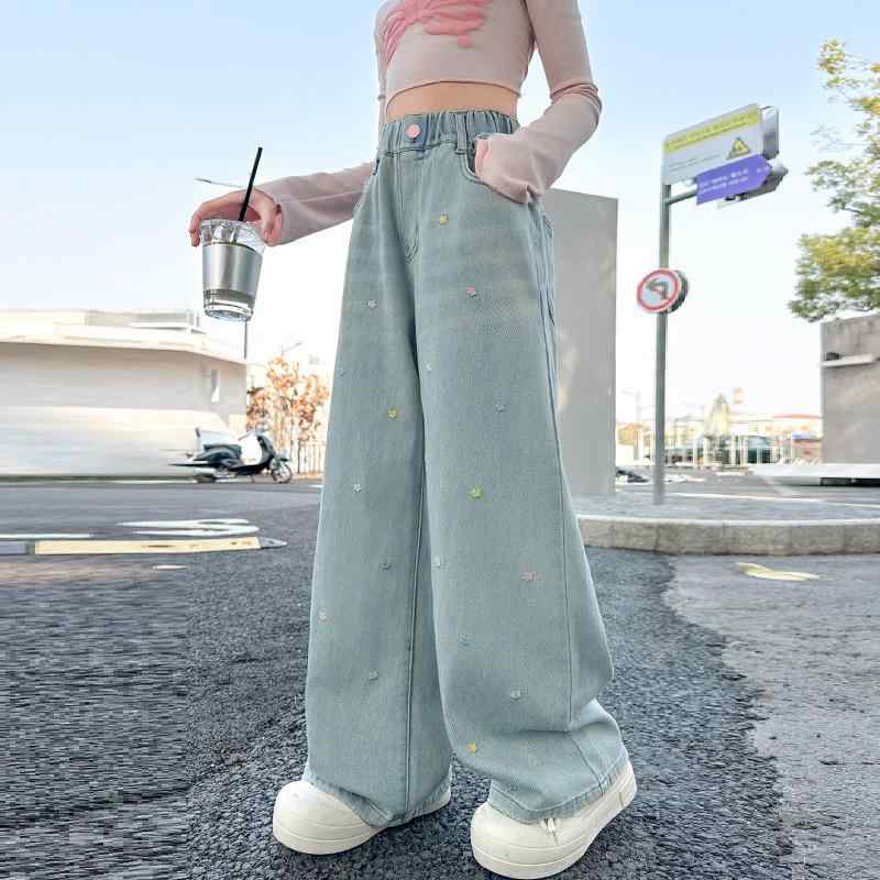 子供用ジーンズ 女の子 ワイドレッグパンツ 春秋 ロングパンツ ガールズ デニムパンツ ゆったり 120cm ..