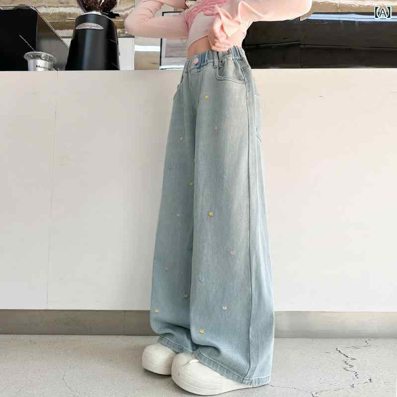 子供用ジーンズ 女の子 ワイドレッグパンツ 春秋 ロングパンツ ガールズ デニムパ...