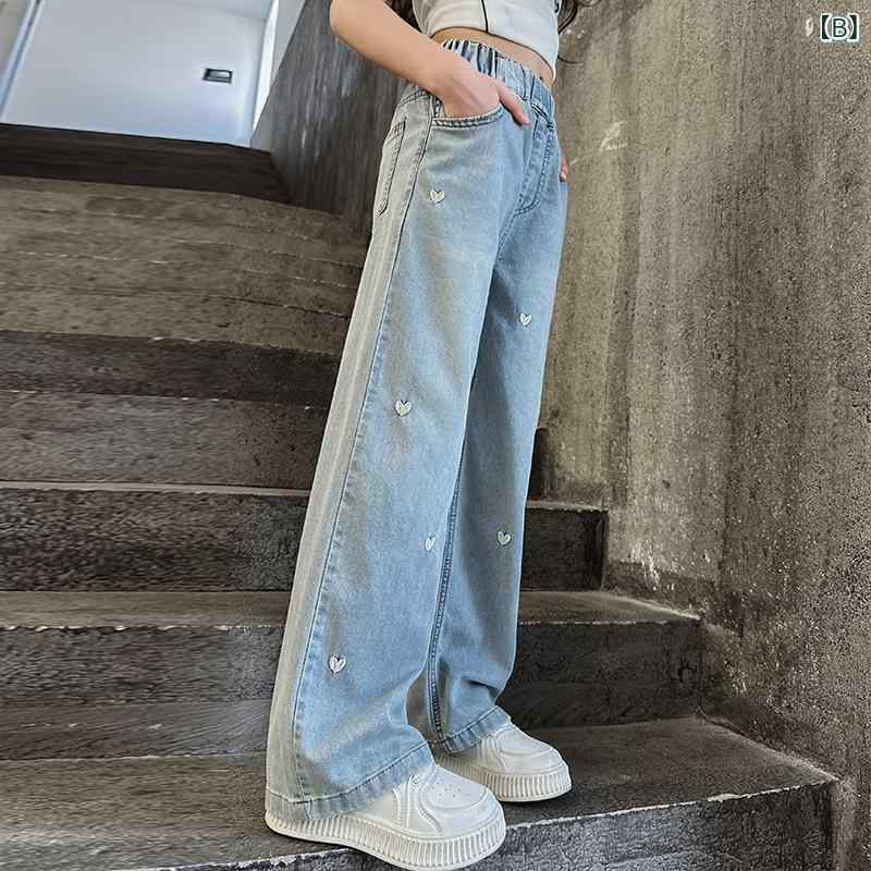子供用ジーンズ 女の子 ワイドレッグパンツ 春秋 ロングパンツ ガールズ デニムパ...