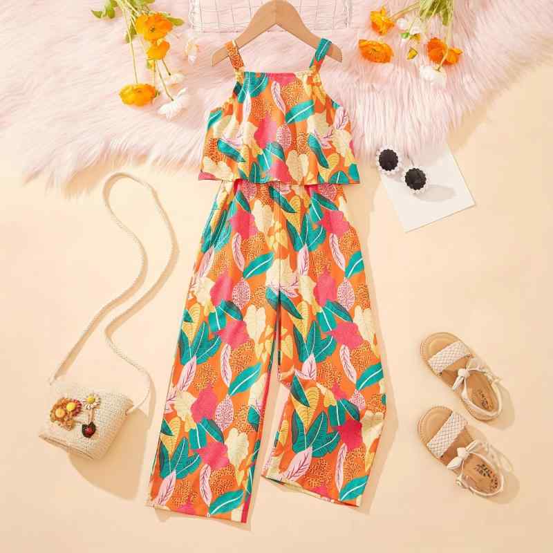 子供服 女の子用 オールインワン 熱帯フラワープリント ポリエステル混紡 カジュアル ロンパース ガー..