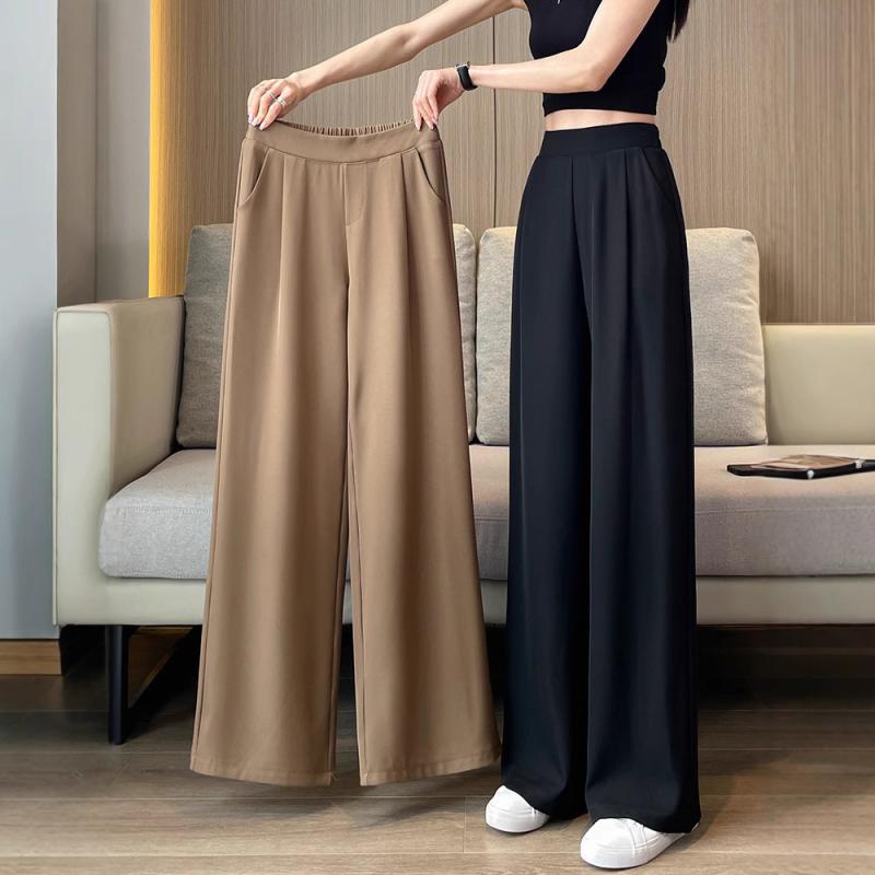 パンツ レディース 春夏 高腰 ワイドレッグパンツ ポリエステル ゆったり ストレート 薄手 黒 カーキ ブルーグレー 通勤 カジュアル 普段使い
