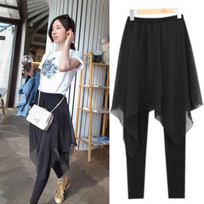 スカート レディース チュールスカート付きパンツ 薄手 9分丈 高弾性 ポリエステル 小脚 スキニーパンツ 黒 白 春夏 韓国風 日韓スタイル 快適 伸縮性 ウエストゴム