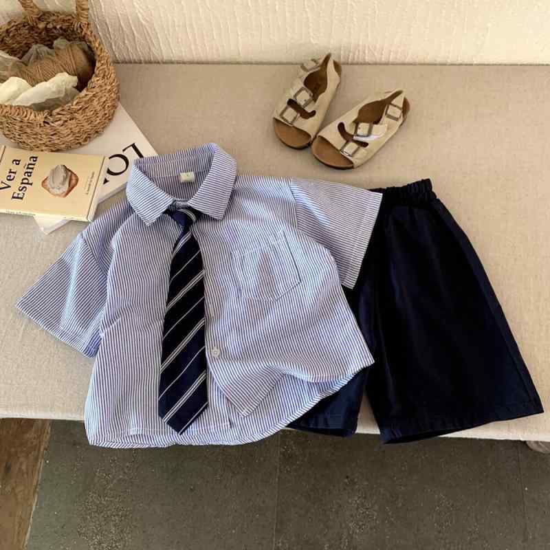 キッズ 半袖シャツ 短パン 上下セット 子供服 男の子 ストライプ柄 薄手 夏用 普段着 おしゃれ かわい..
