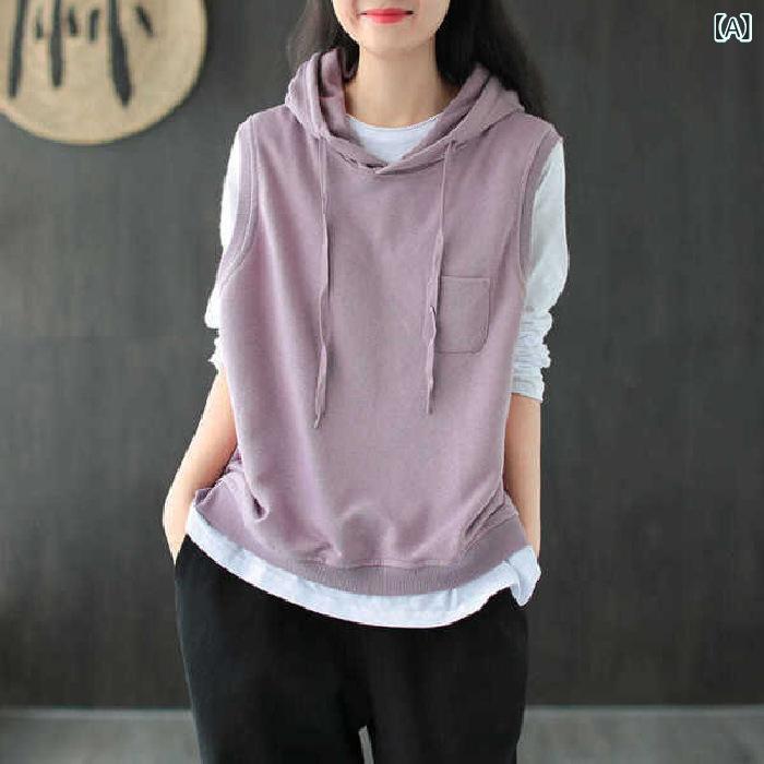 パーカー レディース 春秋 スウェット プルオーバー フード付き ベスト ノースリーブ Tシャツ トップス カットソー コットン混紡 ゆったり カジュアル 紫紅色 浅灰色 深灰色 白 黒