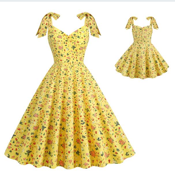 ワンピース レディース 親子コーデ 花柄 ヘップバーン風 吊りスカート 春夏 綿100％ 110cm 120cm 130cm 140cm 150cm S M L XL 白 ピンク 黄色 青