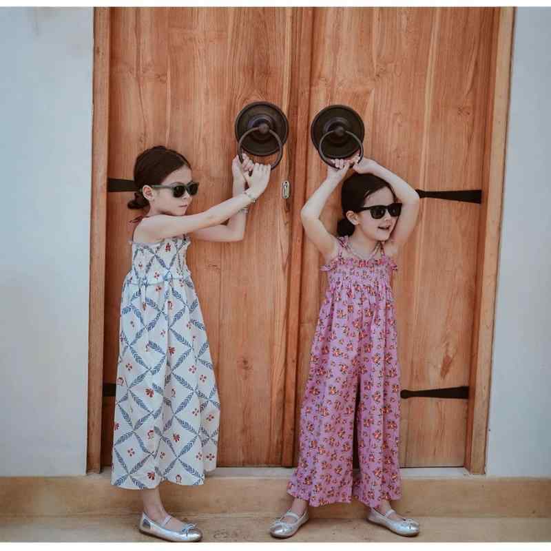 キッズ 女の子 サロペット 韓国子供服 小花柄 コットン ノースリーブ ロンパース ワイドレッグパンツ 9..