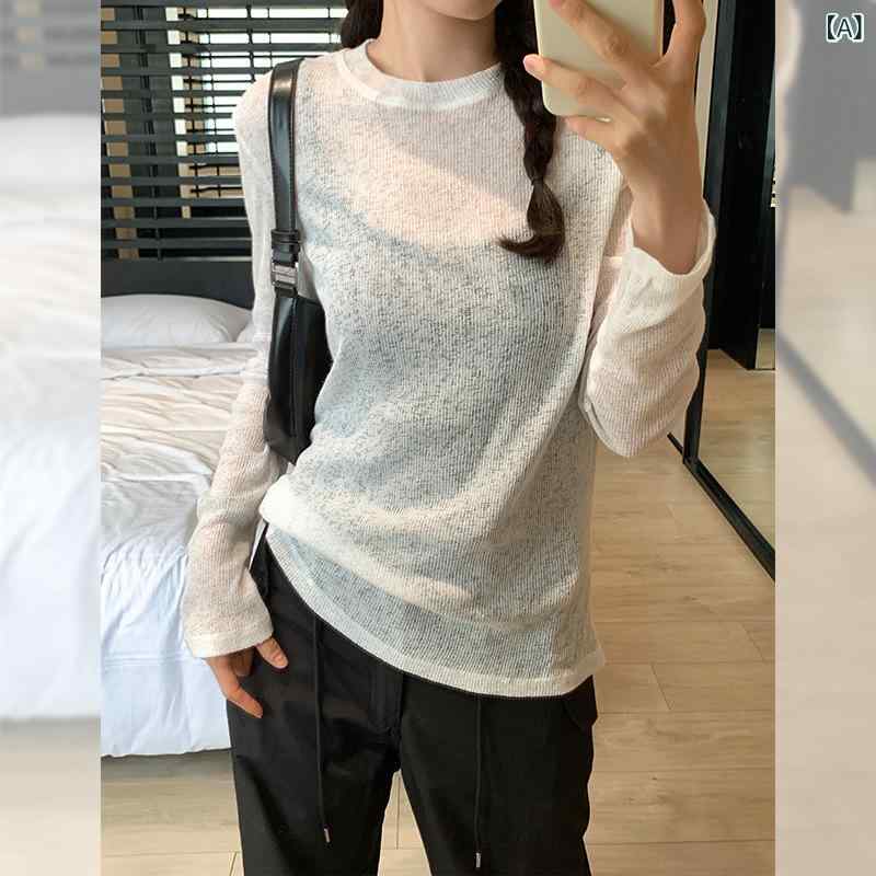 Tシャツ レディース 長袖 カットソー トップス サマーニット 薄手 紫外線対策 UVカット シアー ぴったり タイト クルーネック 無地 プルオーバー インナー 春秋 カジュアル きれいめ
