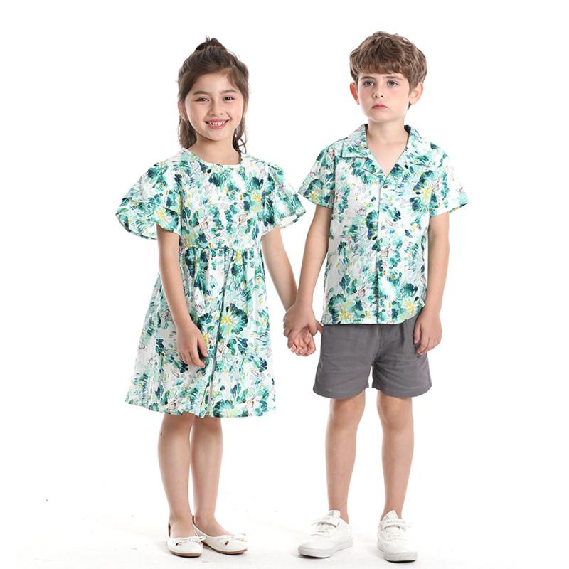 セットアップ キッズ 子供服 半袖シャツ ハーフパンツ 綿 花柄 春夏 男の子 女の子 兄弟 姉妹 イエロー ピンク系 グリーン 70 80 90 100 110 120 130 140 150 160cm