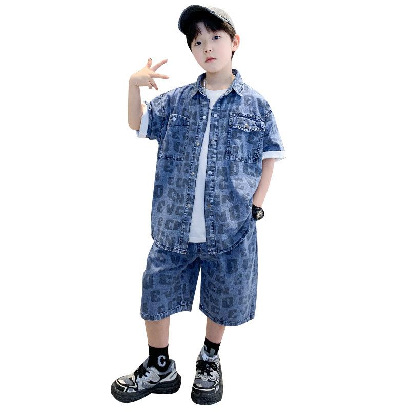 子供用セットアップ 半袖デニムシャツ & ハーフパンツ 上下2点セット 薄手 夏 ボーイズ ストライプ柄 アルファベット柄 120cm 130cm 140cm 150cm 160cm 170cm