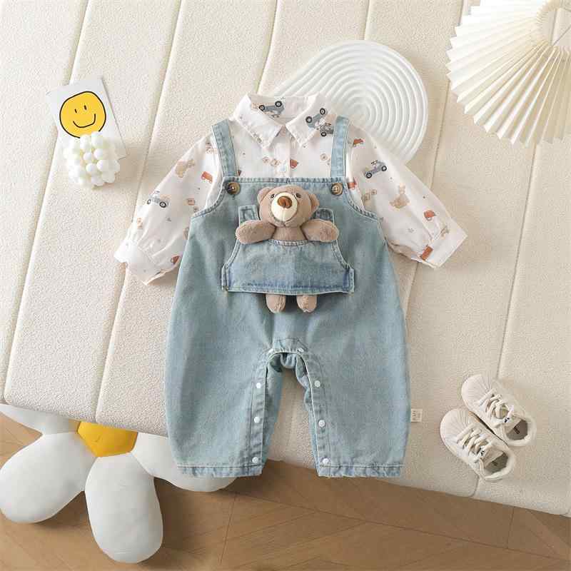 子供用セットアップ ベビー服 春秋 シャツ サロペット デニム ロンパース 2点セット 長袖 綿100% かわいい 韓国風 男の子 女の子 73CM 80cm 90cm 100cm