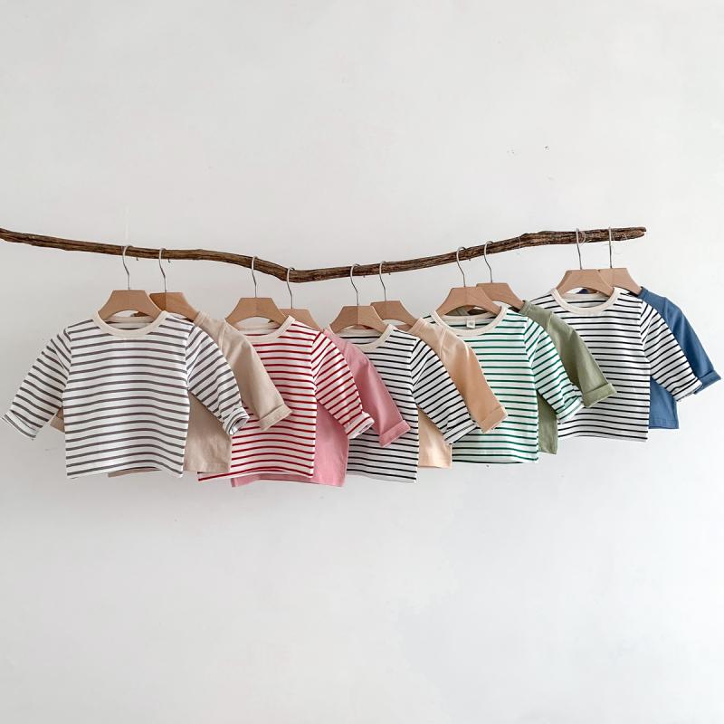 Tシャツ ベビー キッズ 男女兼用 長袖 コットン トップス 杏色 ブルー系 ボーダー柄 普段着 かわいい 吸湿排汗 春秋