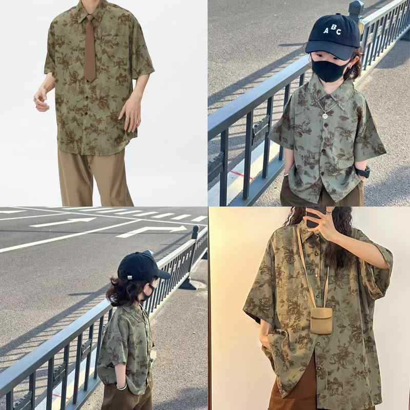 シャツ 親子 ペア 男女兼用 半袖 花柄 コットン ゆったり 柔らかい 韓国風 カジュアル 80cm 90cm 100cm..