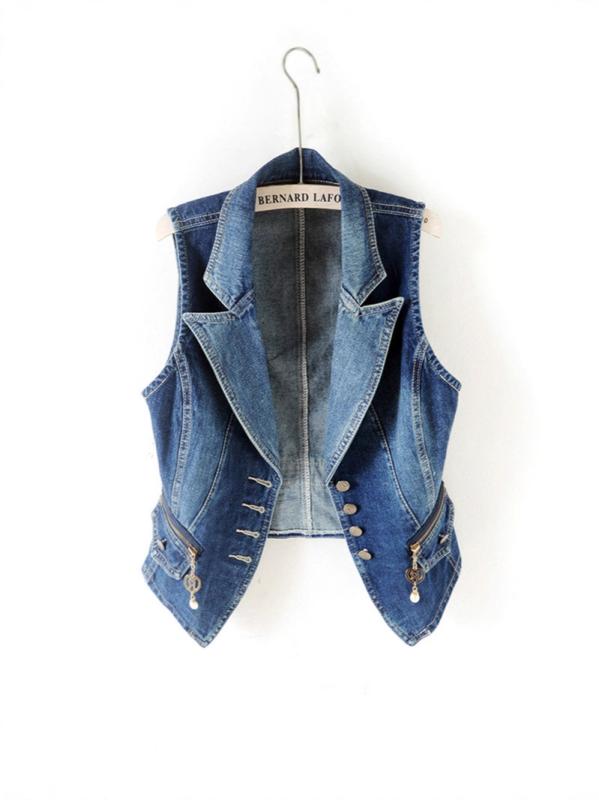 レディース デニムベスト ショート丈 スリムフィット ノースリーブ ジャケット アウター ブルー 綿 95% 春秋 カジュアル 通勤