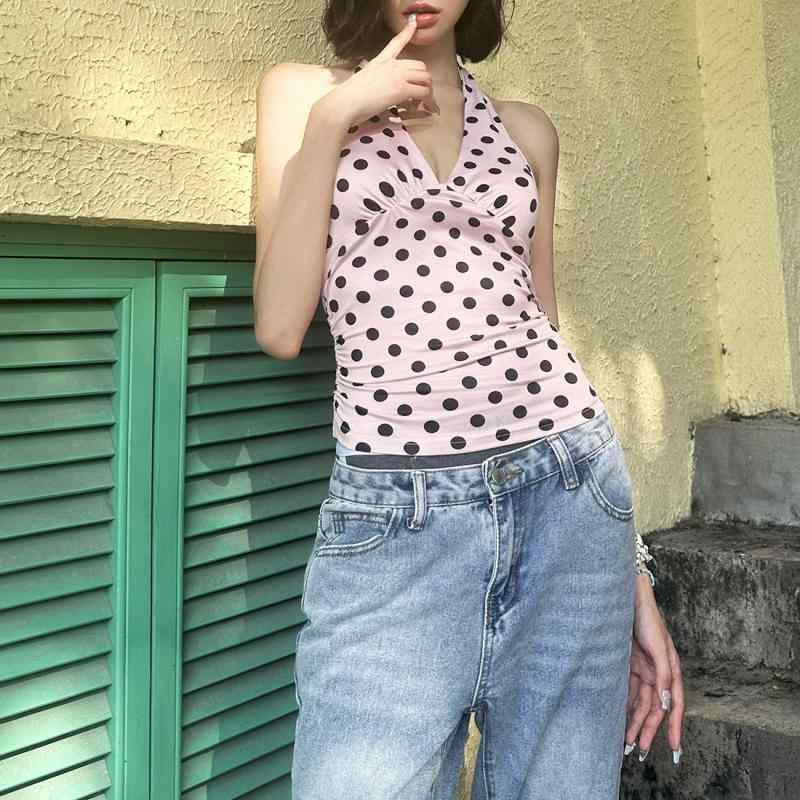 キャミソール レディース Vネック ドット柄 ポリエステル スリムフィット ショート丈 欧美風 ブラウン ピンク系 ホワイト 春夏