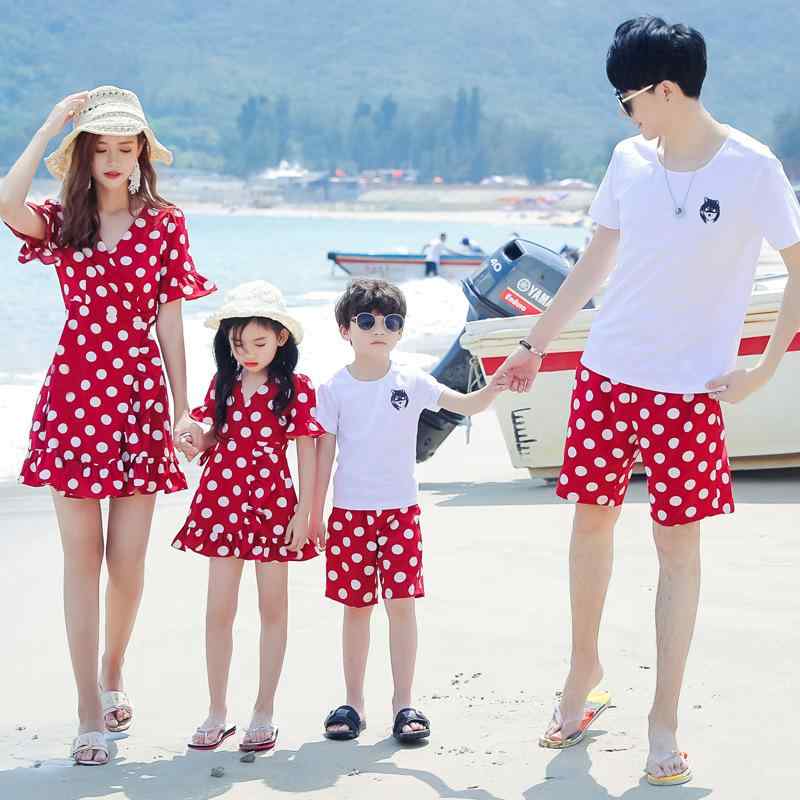 親子服 レディース ワンピース リゾートワンピース ビーチワンピース メンズ セットアップ キッズ 上下セット 春夏 薄手 水玉 ドット柄 レッド 赤 ホワイト 白
