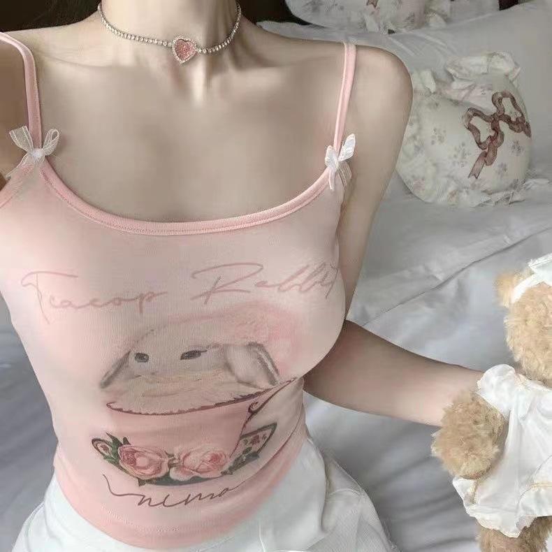 キャミソール レディース インナー ショート丈 トップス かわいい 接触冷感 吸湿速乾 ノンワイヤー ブラパッド付き カットソー アニメ柄 ゆったり スリムフィット 白 黒 ピンク系 水色