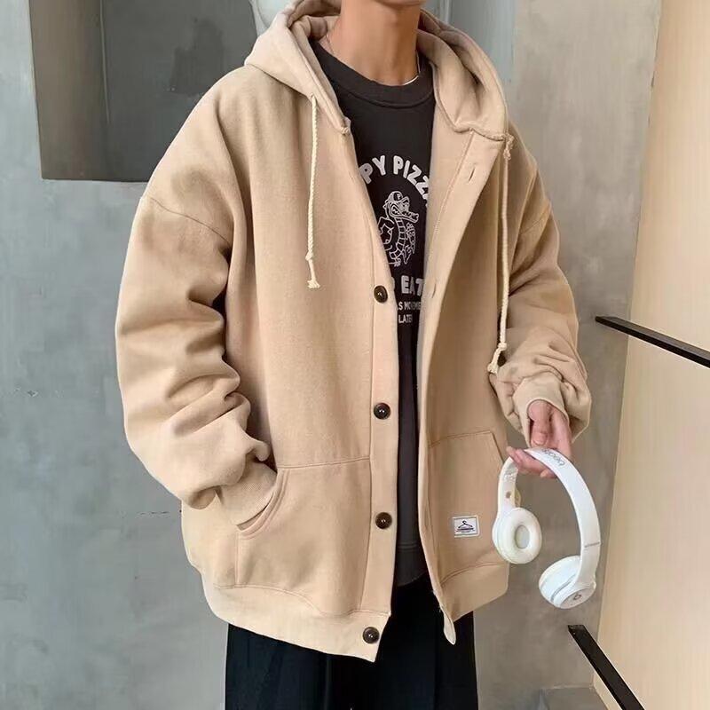 パーカー メンズ 秋冬 開襟 フーディ スウェットシャツ 日系 レトロ cityboy 無地 ドロップショルダー ポリエステル 灰色 黒 カーキ