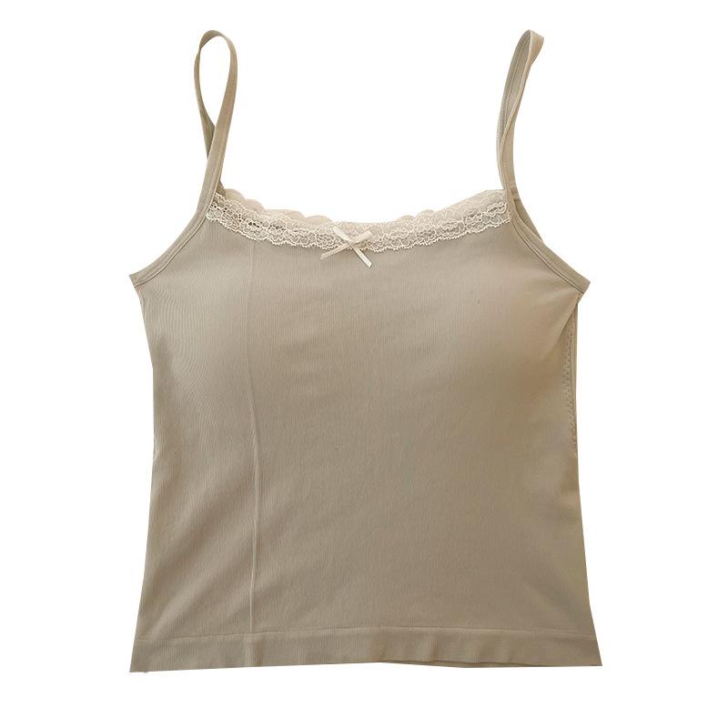 キャミソール レディース ノースリーブ トップス 接触冷感 伸縮性 レース 蝶結び スリム ショート丈 ホワイト ブラック ピンク グレー