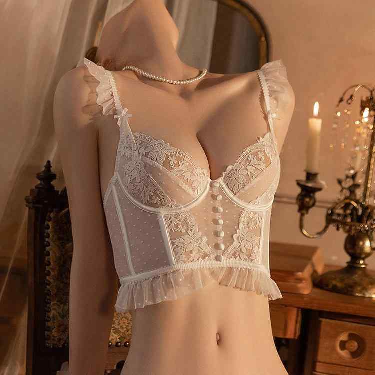 キャミソール レディース ビスチェ 総レース ショート丈 トップス ブラジャー ショーツ セット 透け感 70 75 80 85 ホワイト ブラック