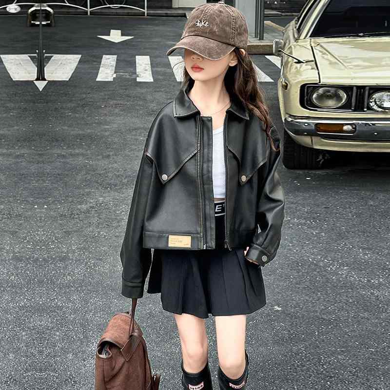 Coat - 子供服 ライダースジャケット 女の子 春秋 PUレザー アウター ショート丈 ガールズ カジュアル モード スタイル ブルゾン 120cm 130cm 140cm 150cm 160cm 170cm ブラック ブラウン