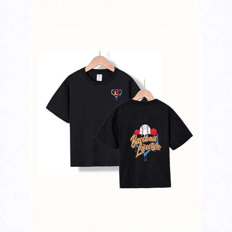 Tシャツ 親子 ペアルック 子供服 綿 プリント 野球 春夏 カジュアル トップス ホワイト ブルー ブラッ..