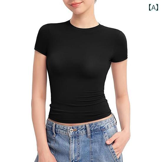 Tシャツ レディース 夏 短袖 丸首 プルオーバー 再生繊維 インナー 修身 短丈 ソリッドカラー 街頭スタイル セクシー 黒 白 赤 グレー ブルー ピンク ベージュ パステル 軽量 速乾 涼しい 普段使い 通勤 デート かわいい フェミニン
