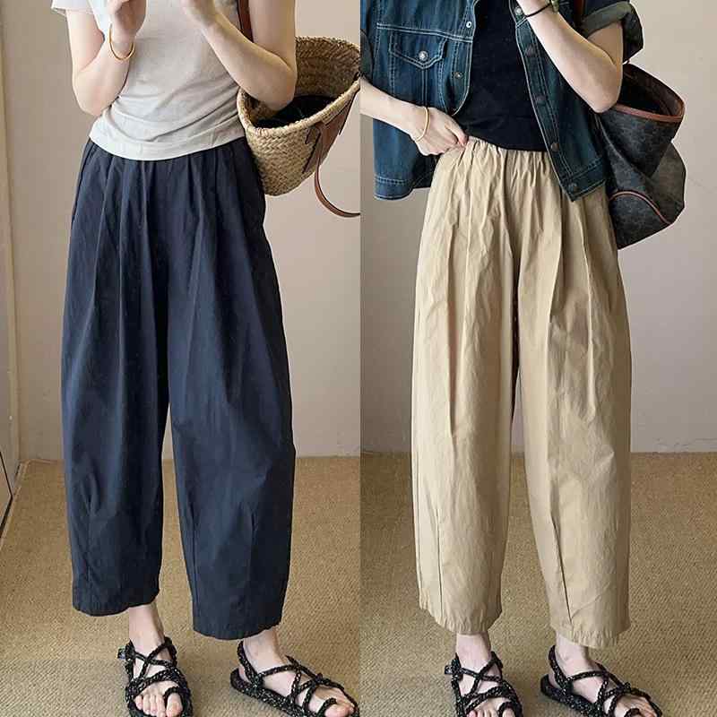 パンツ レディース テーパードパンツ ポリエステル 高腰 9分丈 ゆったり 薄手 無地 カジュアル 春夏 杏色 紺色 黒色