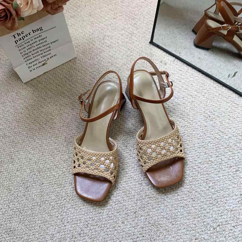 サンダル レディース 牛革 太ヒール スクエアトゥ ストラップ 編み込み ローマ風 ミドルヒール 婦人靴 普段使い お出かけ デート 春夏 ブラウン系